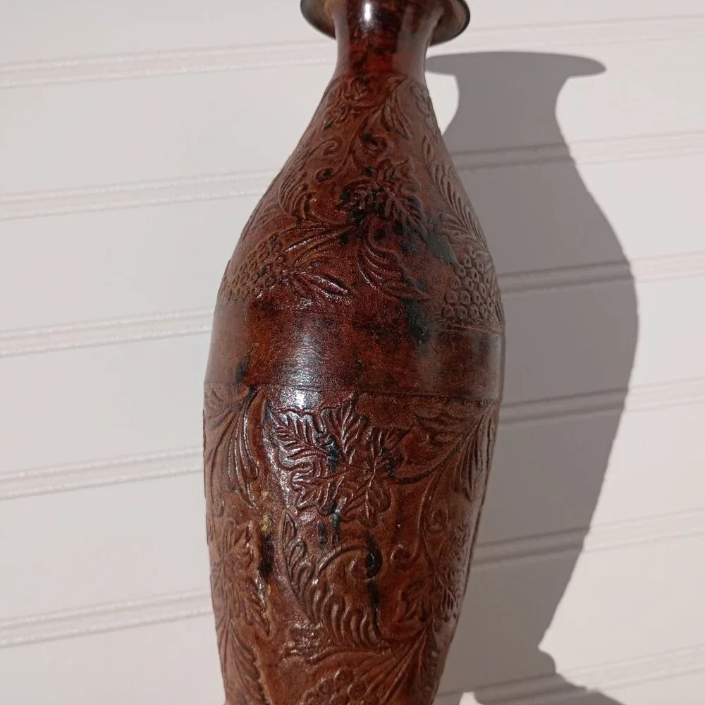 Vtg Cast Bronze Vase Grape & Vine Embossed Bottle Mid-Century Verdigris 9.75